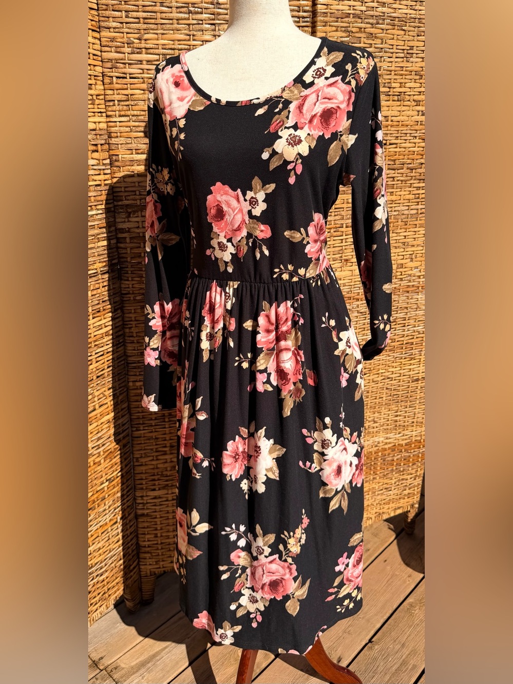 Black Floral Long Sleeve Midi Dress with Pink Rose Print